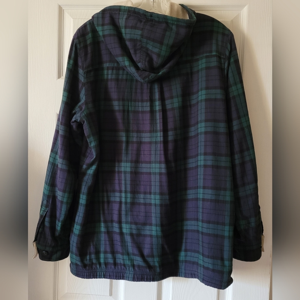 LL BEAN FLEECE LINED PLAID FLANNEL HOODIE SHACKET WOMEN'S SIZE  LARGE - Picture 8 of 16